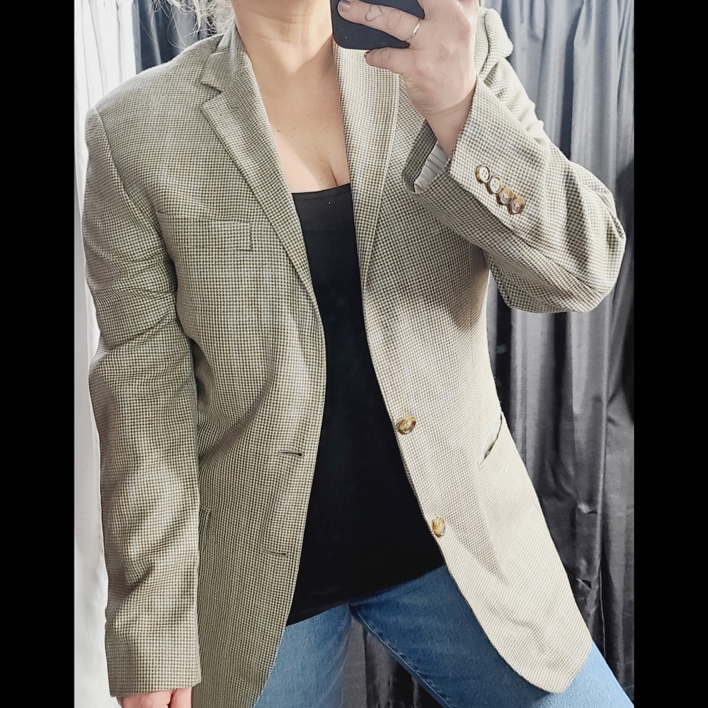 Ralph Lauren Houndstooth Silk Wool Blend Oversized Menswear Blazer